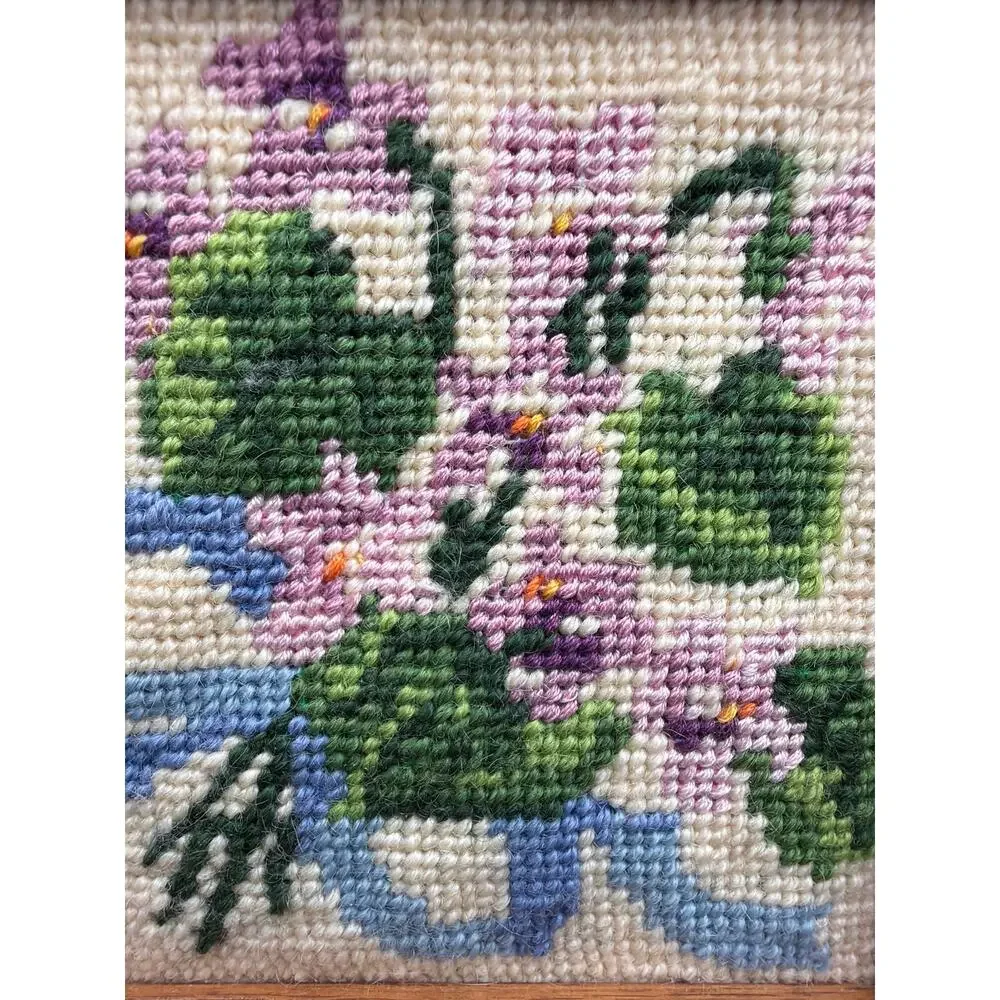 Vintage Framed Floral Needlepoint 6.25” Square Pink Purple Flowers Cottagecore